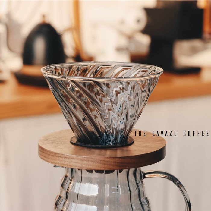 PRIME BLACK V60 Glass Coffee Dripper with Wooden Base Dripper Kopi