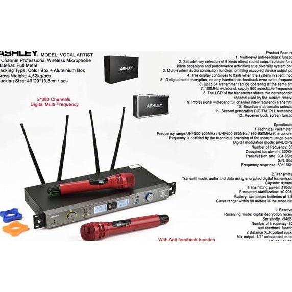 MICROPHONE WIRELESS ASHLEY VOCAL ARTIST ISI 2 MIC PEGANG BISA GANTI FREQUENCY 4 ANTENA PLUS KOPER AL