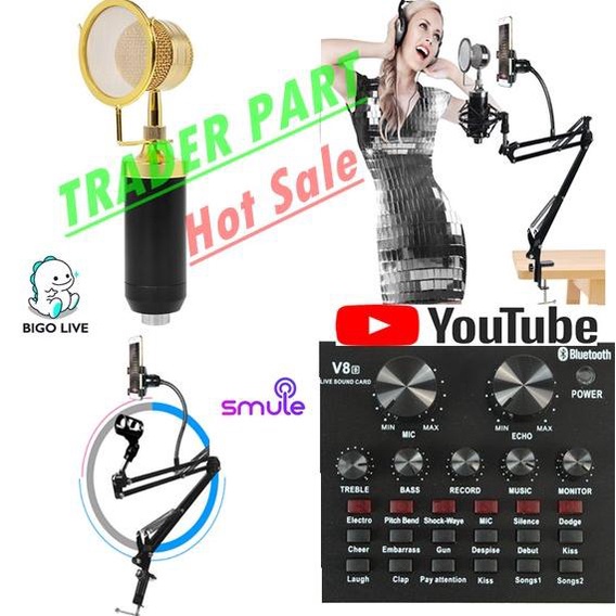 BEBAS ONGKIR Paket MIC BM800 STAND Microphone BM 8000 SOUNDCARD MIXER V8 Holder hp