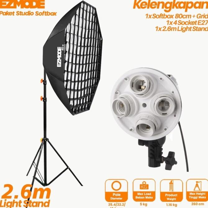 EZMODE Studio Lighting Stand + 4 Socket Octagon Softbox 80cm with Grid