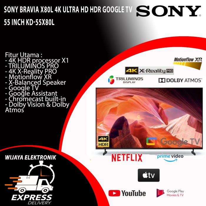 Tv Sony Bravia 55X80L / X80L 4K Ultra Hd Hdr Smart Google Tv 55 Inch