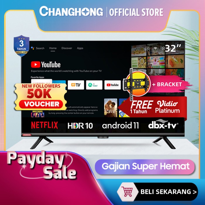 Changhong 32 Inch Android 11 Smart Tv Digital Led Tv L32G7N +Bracket