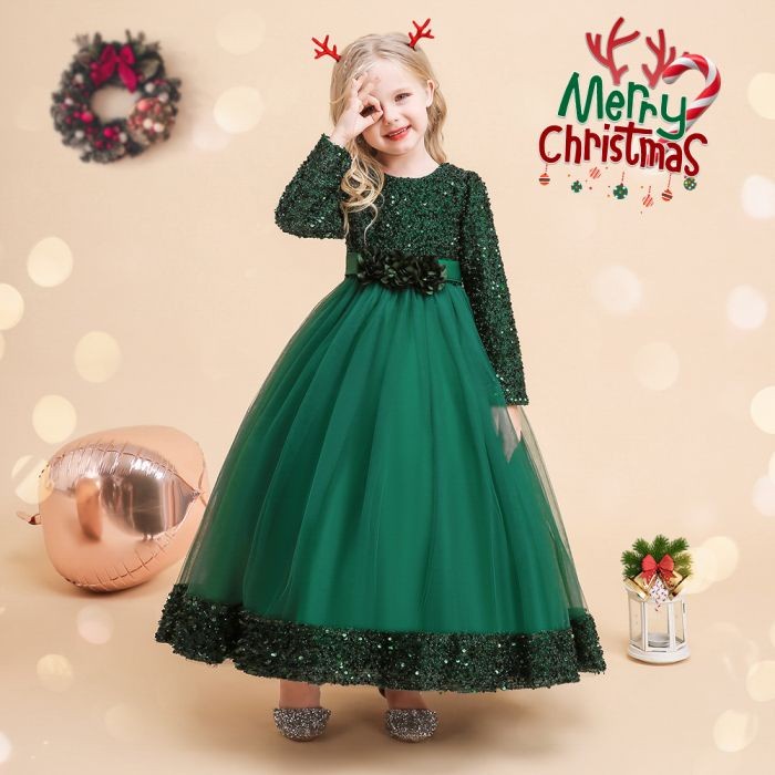 Dress Pesta Anak Perempuan Import . Gaun Natal Panjang Hijau . Wb-42