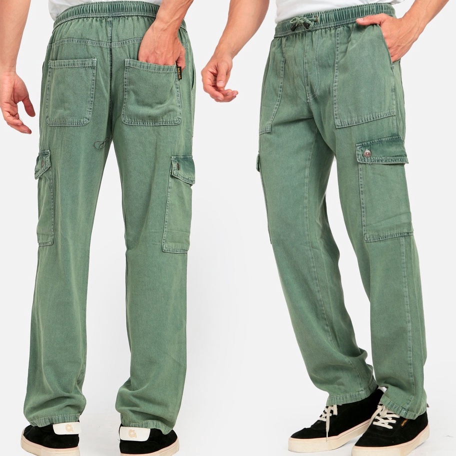 XRPB5753 MEGA SALE  GutenInc - Celana Cargo Pria Ronald Straight Cargo Green Wash Pants Guten