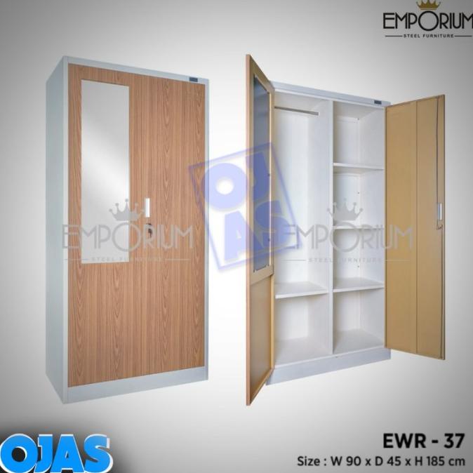LEMARI PAKAIAN BESI 2 PINTU + CERMIN FULL PLAT MOTIF KAYU EMPORIUM EWR TRIRAHMA520