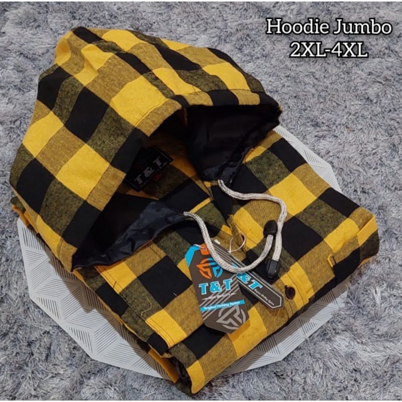 Kemeja Flanel Hodie Bigsize Hem Jumbo Besar Hoddie Hudi Hode Kupluk Topi Casual Kotak-kotak Pria Cow