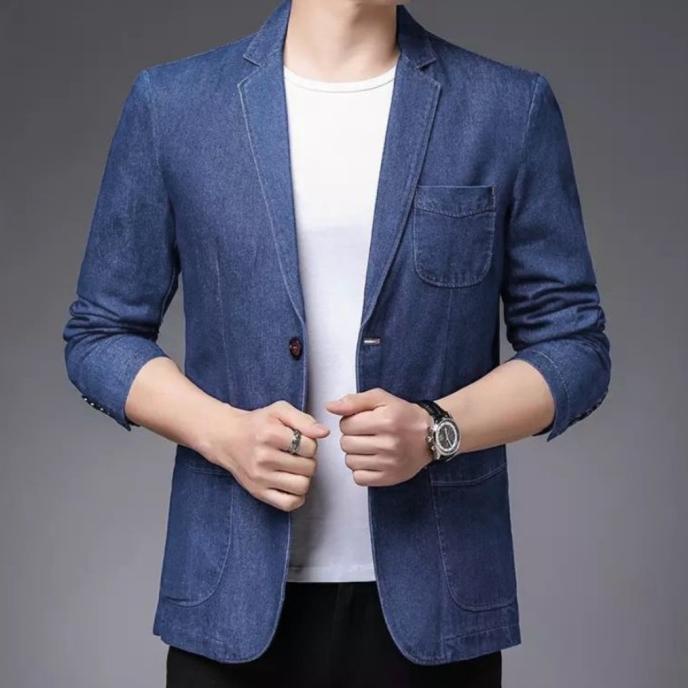 blazer pria laki denim jeans outer polos casual santai slim fit model