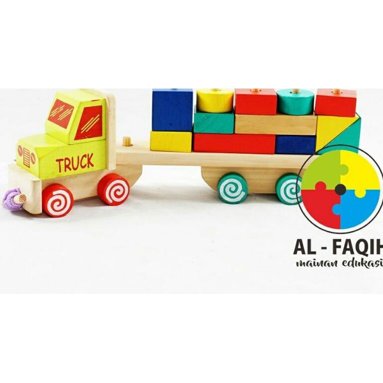 [Ttt] Mainan Edukasi Anak Dari Kayu Susun Balok Truk Kontainer Pelangi Terlaris