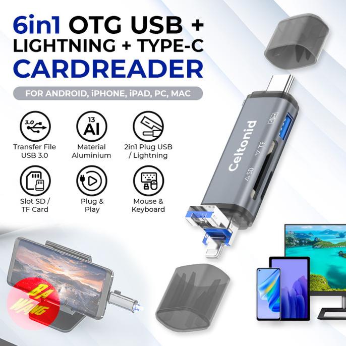 6In1 Otg Hub Adapter Lightning Type C Usb Tf Micro Sd Card Reader