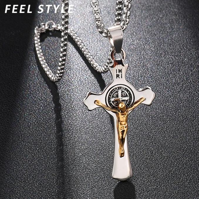 Kalung Salib Medali Santo Benediktus - Kalung Katolik Titanium