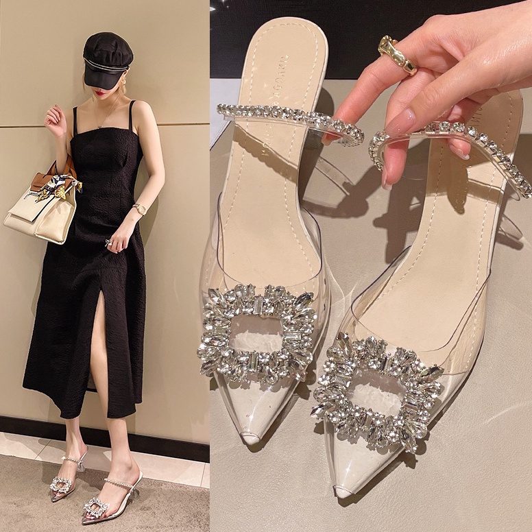 TERBAIK Sepatu Hak Tinggi Sandal Mules Wanita Perempuan Pernikahan Pengantin Kondangan Transparan Te