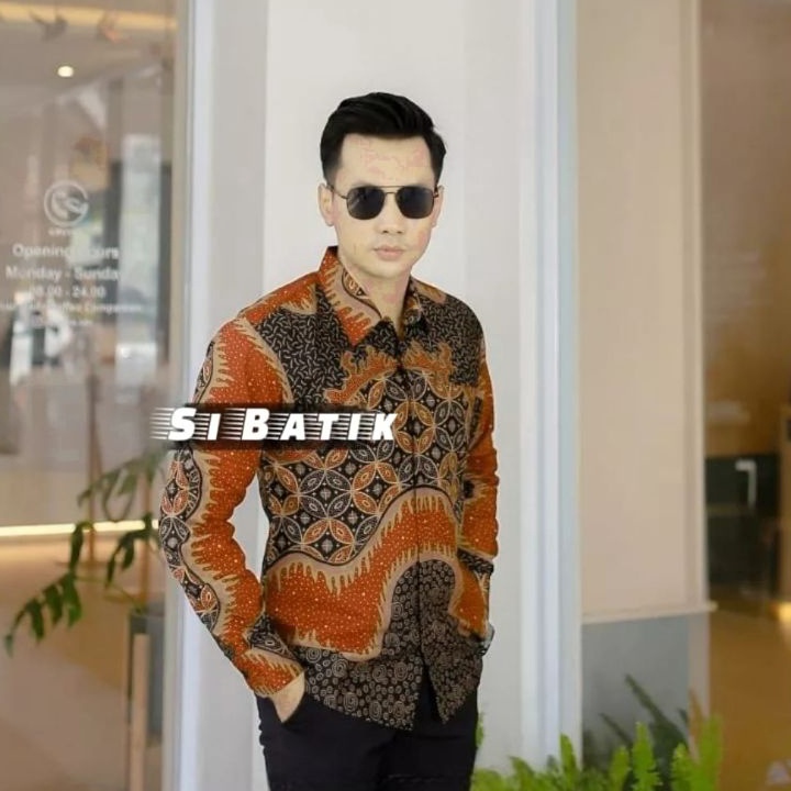 Kekinian Batik pria katun kemeja lengan panjang warna orange terracota
