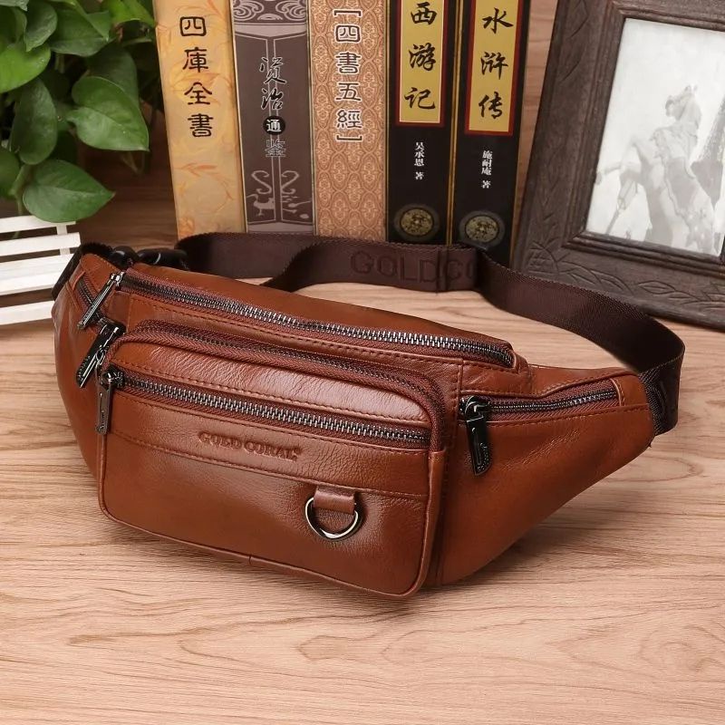 Tas Pinggang Kulit Asli RZ61715 Import Waist Bag Pria dan Wanita Multifungsi Tas Pinggang Kulit Asli