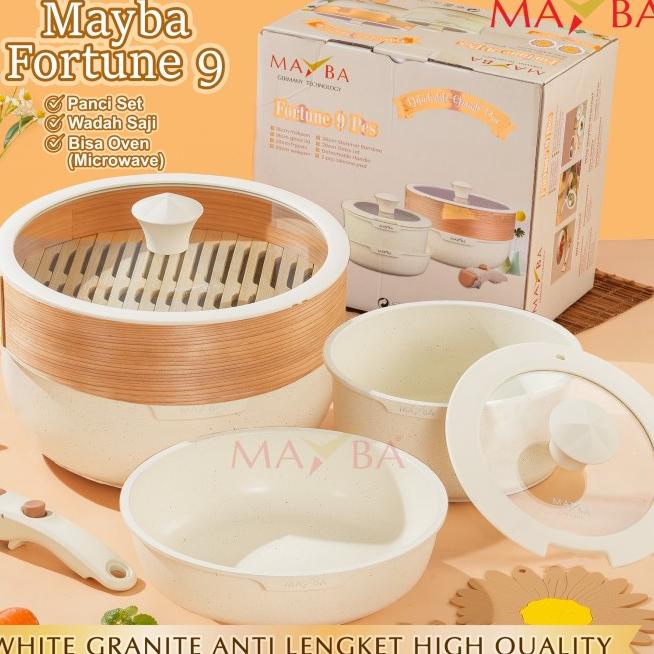 Mayba Fortune 9 Panci Set Anti Lengket Granit Putih + Steamer Bamboo