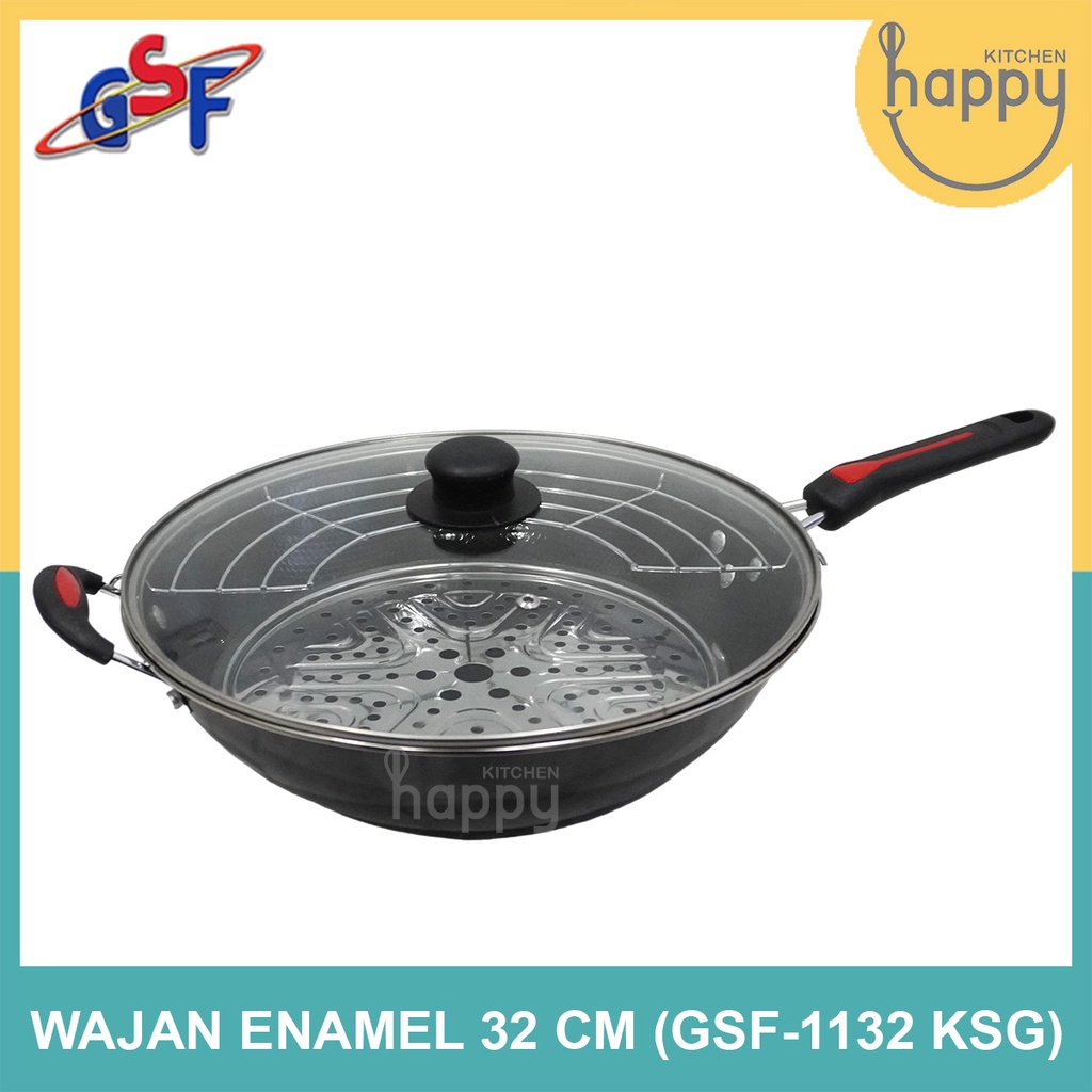 Panci Wajan Enamel 32 CM Tutup Kaca Anti Lengket Tirisan Minyak Kukusan GSF 1132