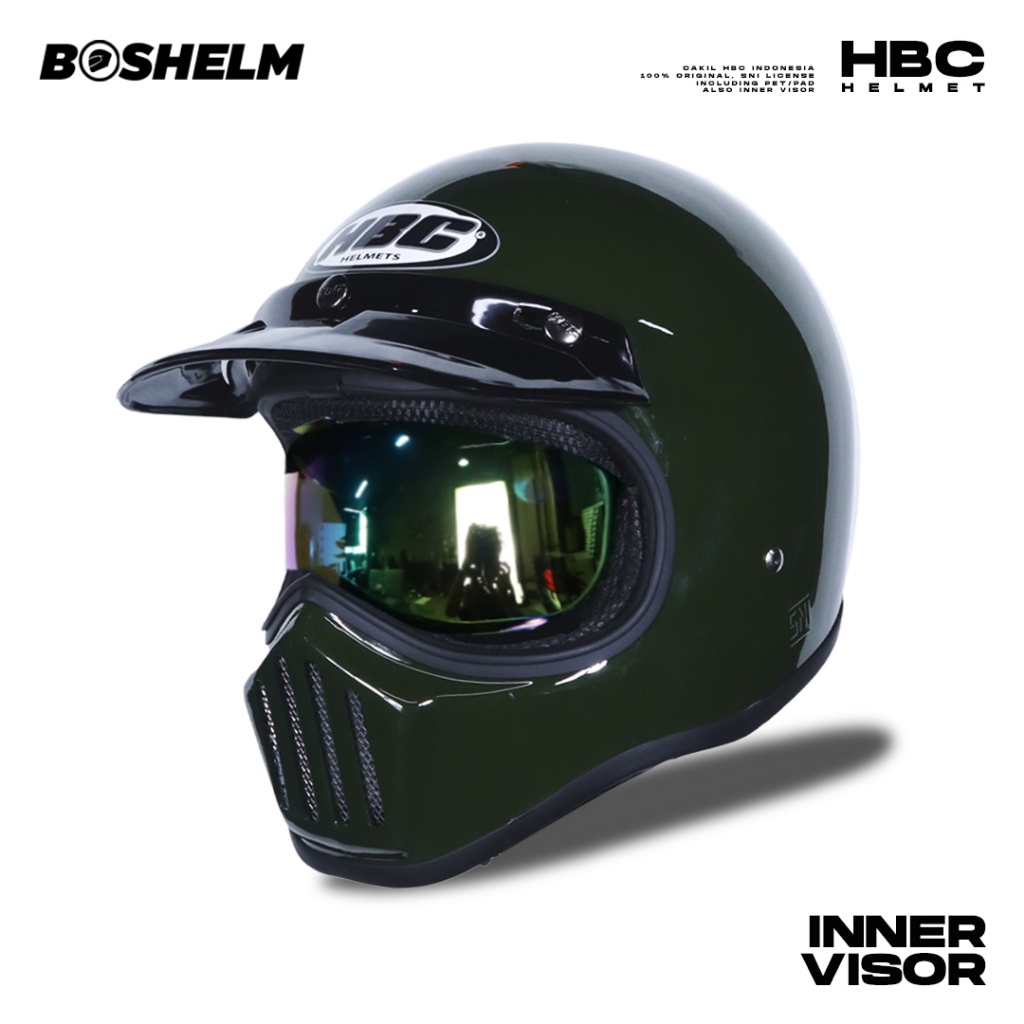 Helm Cakil HBC Inner Visor ARMY GLOSSY Helm Retro Full Face SNI