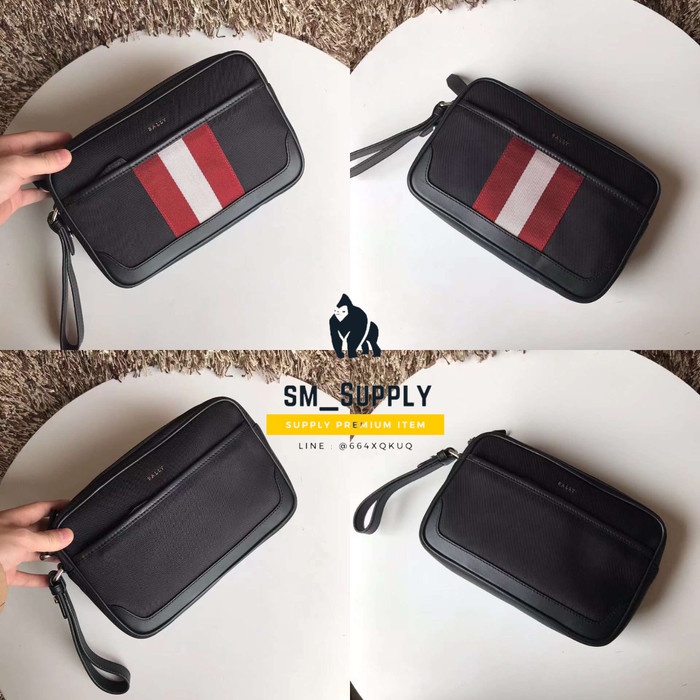 ✨Sale Tas Bally Men Caliros Clutch Bag Black Stripe Terbatas
