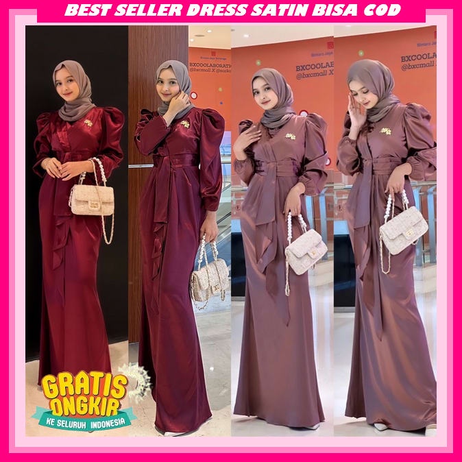 Dress Pesta Wanita Elegan Party Dres Import Satin Gahun Longdress Baju Remaja Kekinian Korean Style 
