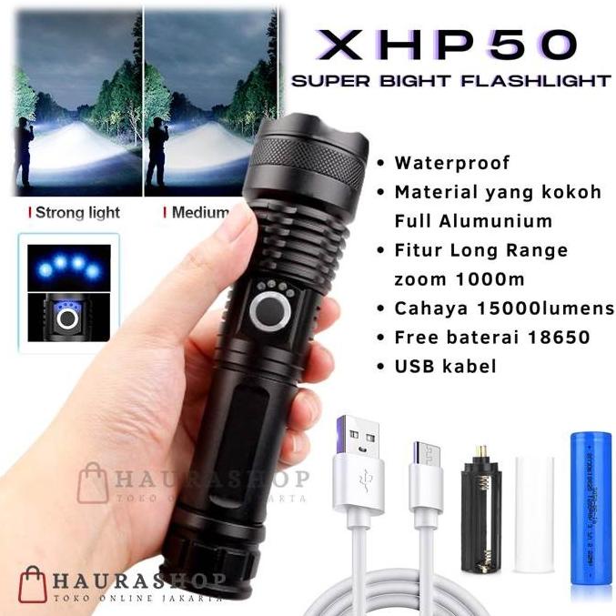XHP50 Senter LED USB Recharge Jarak Jauh 600 - 1000M 15000 Lumens