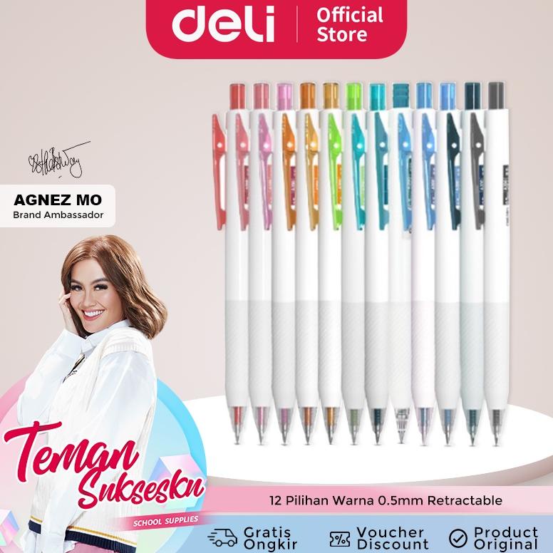 

Deli Colorful Gel Pen / Gel Pen 12 Pilihan Warna 0.5mm Retractable A200