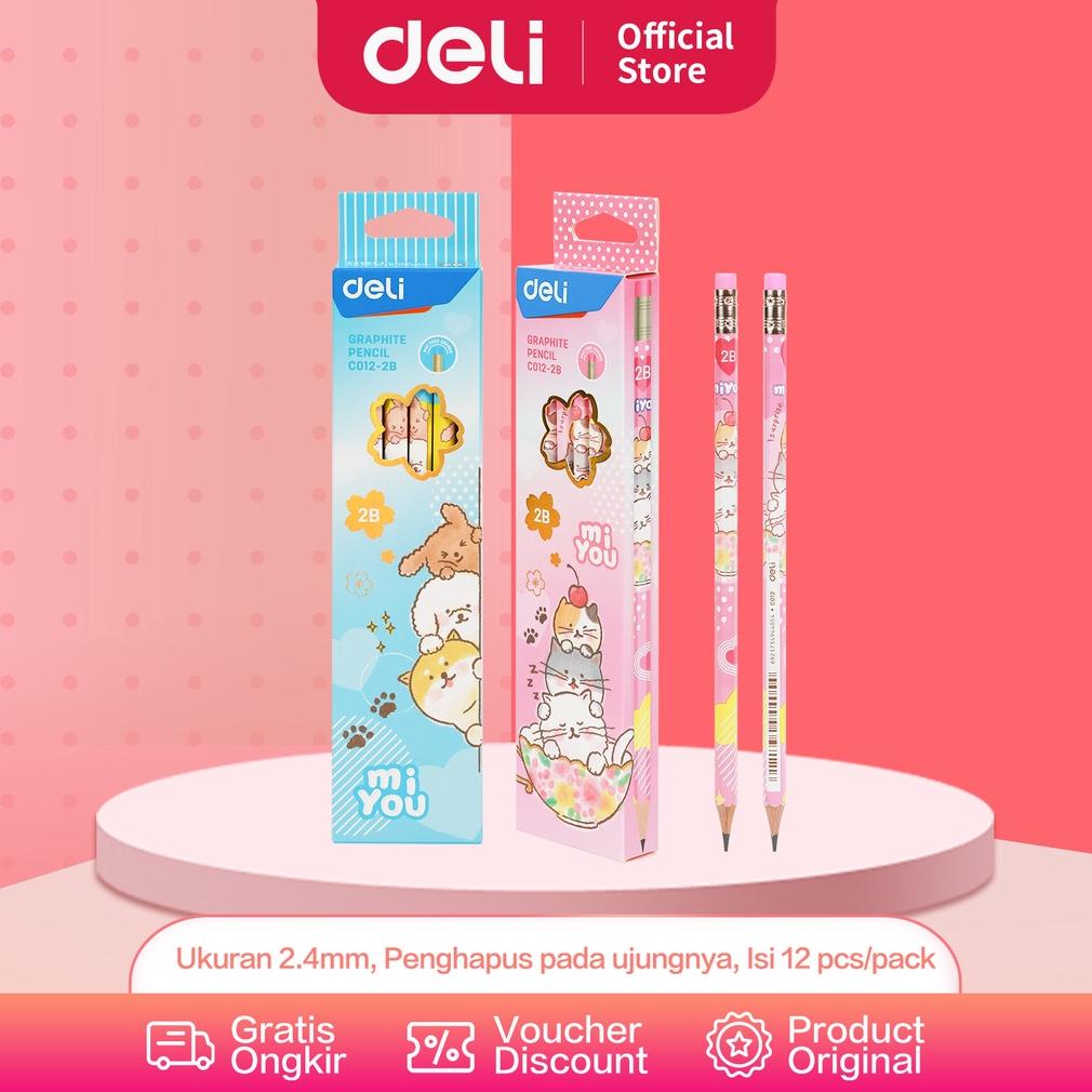

Deli Graphite Pencil / Pensil Kayu 2B Isi 12pcs/Pack dengan Penghapus Desain Miyou EC012-2B