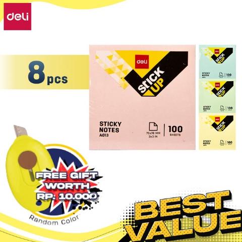 

Deli Paket Kombo ATK Ekonomis 8 pcs Sticky Notes Memo Tempel 76mm 4 Warna Gratis Mini Cutter EA01303