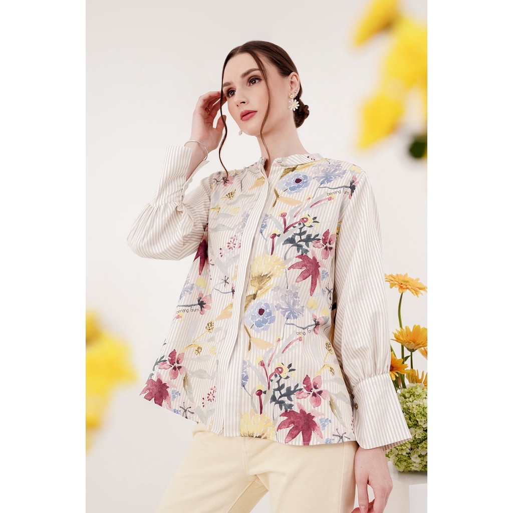 Benang Jarum - Romantic Garden Shirt with Mandarin Collar - Beige