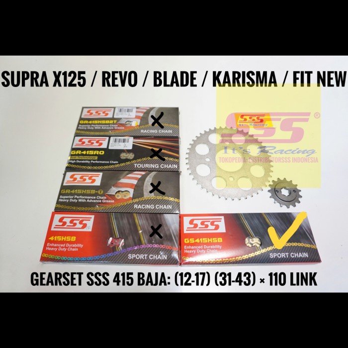 GEARSET GIRSET SSS 415 SUPRA X125/REVO/BLADE, RANTAI SSS GOLD HSB ORIGINAL BEST QUALITY