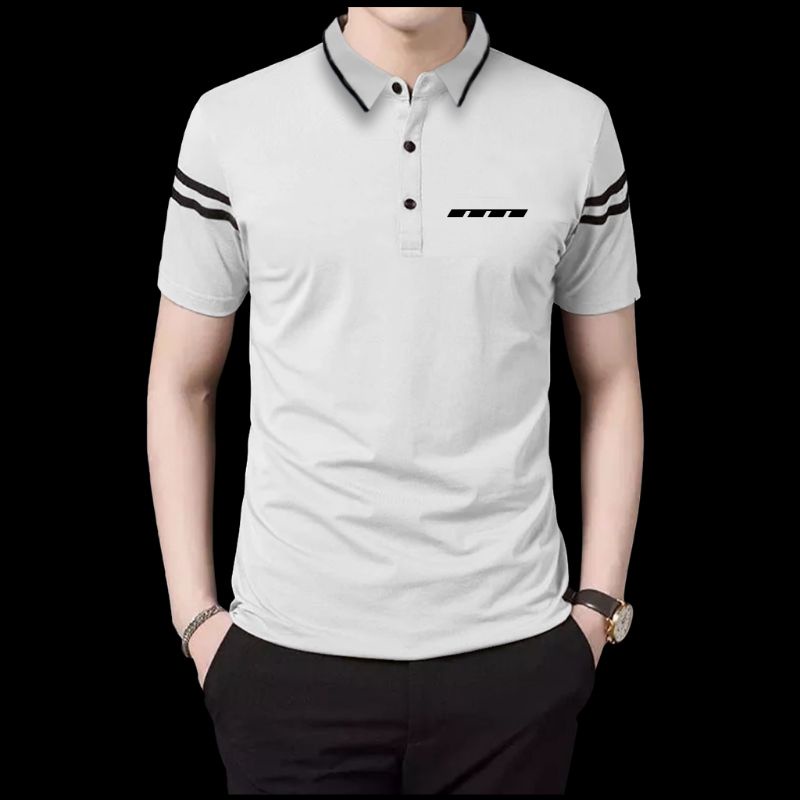 Kaos Pria Polo Saku zebra Lengan garis/Kerah Daun Pria