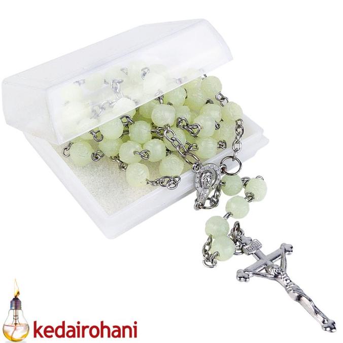 #####] Kalung Rosario Maria Manik Fosfor Motif Mawar 6 mm Harces Salib Logam