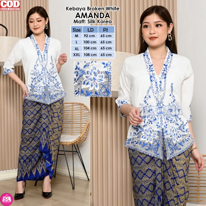 Atasan Kebaya Wanita Putih Bordir Biru Navy Lengan Pendek Elegan Mewah