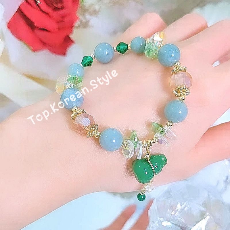 Top.Korean.Style - gelang wanita korea batu giok hijau kendi gradasi elastis premium