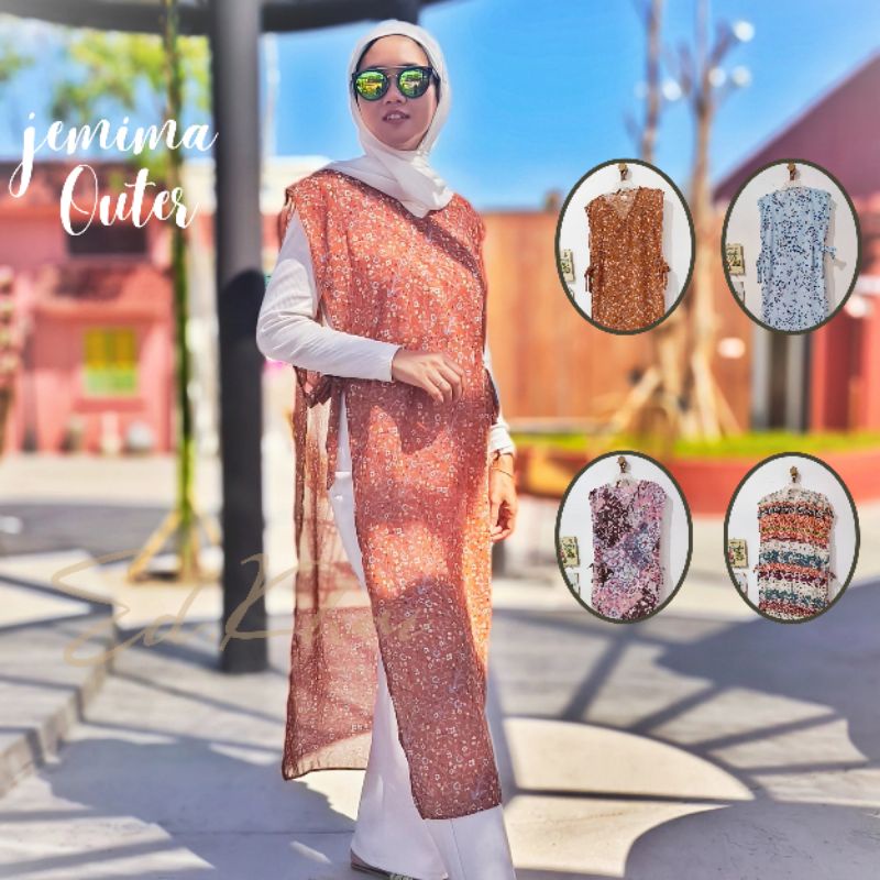 pakaian luaran wanita outer rompi panjang jemima long vest motif bunga klasik
