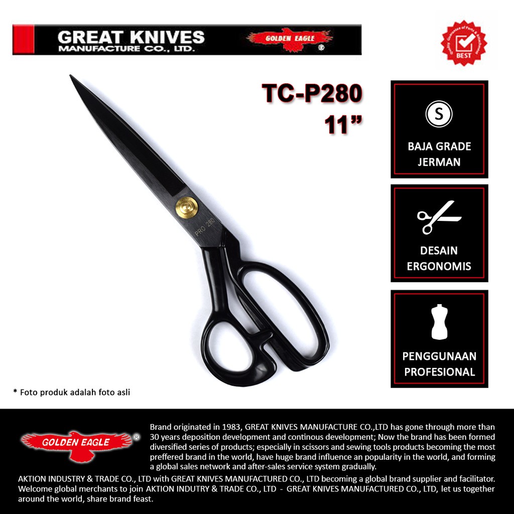 

Gunting Potong Bahan Kain Golden Eagle 11 Inch Tc-P280 - Tailor Scissors