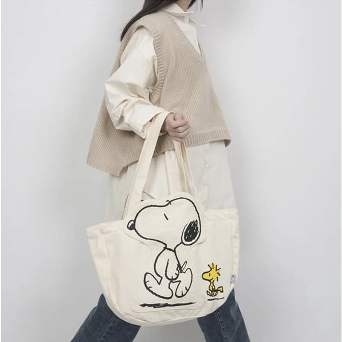 Tas Snoopy ORI Beige Tote Bag Bahan Canvas