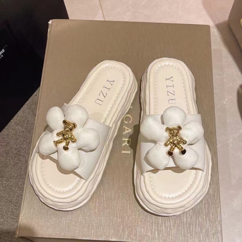 Putih Sandal Wanita Slop Import Model Bunga Tedy Gold beruang wedges sendal pesta Lazy Bear Slip On 