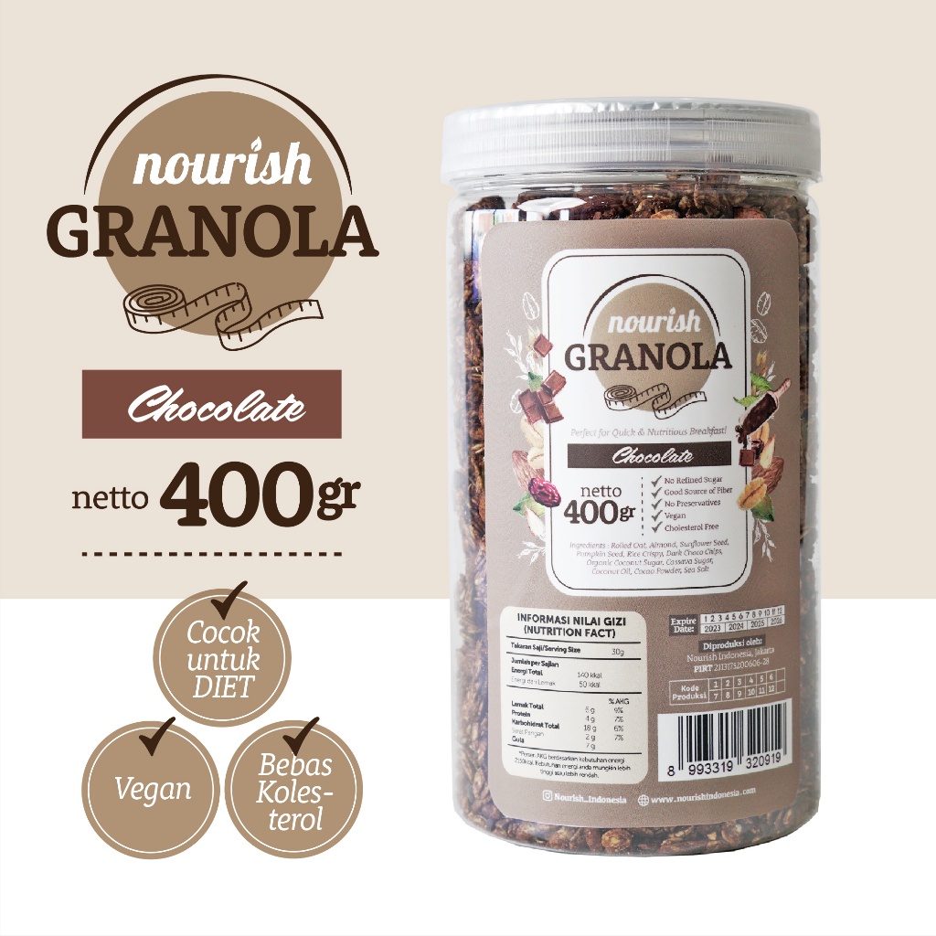 

Nourish - Granola Chocolate (Bebas Kolesterol, Tinggi Serat, Vegan) 400Gr