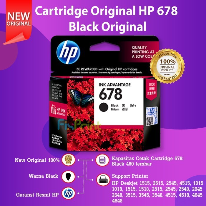 

TINTA CARTRIDGE PRINTER HP 678 BLACK COLOR HITAM WARNA ORIGINAL 1515
