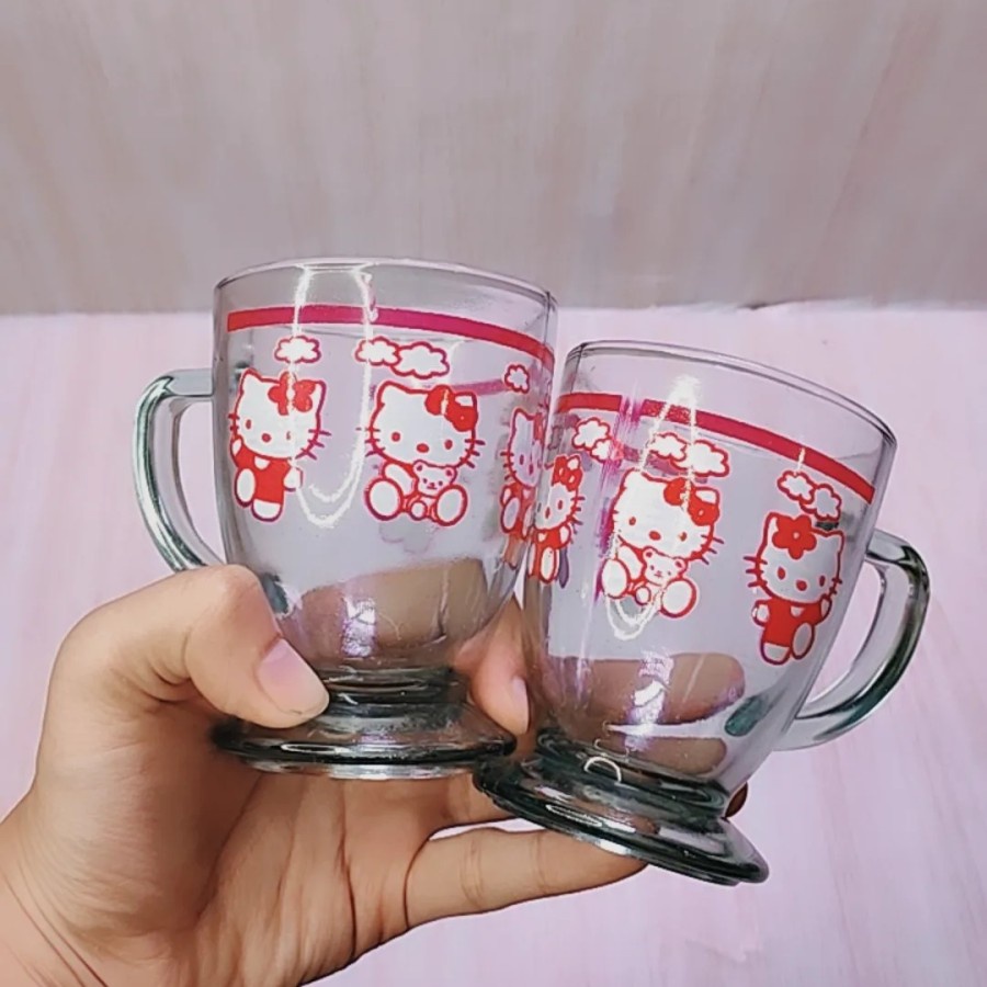 GELAS KOPI GAGANG KARAKTER DORAEMON hello kity Gelas Kopi Beling 1dus isi 6pcs