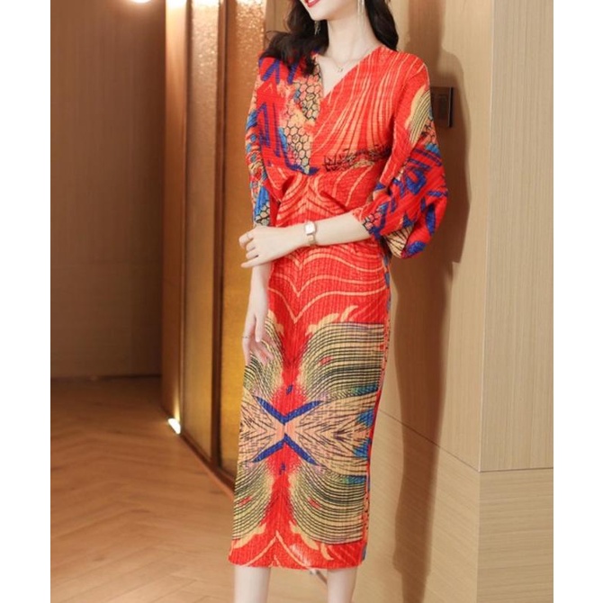 Pleats Dress Orange Premium Import - 2295 Original