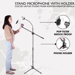 STAND MICROPHONE WITH HOLDER COCOK UNTUK STUDIO MUSIK KONTEN PEMULA TRIPOD MICROPHONE STAND MIC PANJ