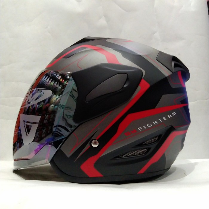 ✨New Helm Gm Fighter Gv 2 Black Dof Red Helm Half Face Bisa Gojek