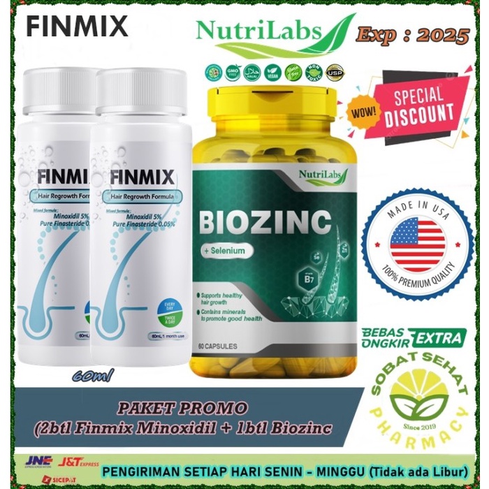 PAKETAN 2BOTOL FINMIX MINOXIDIL & NUTRILABS BIOZINC ISI 60 ORIGNAL USA