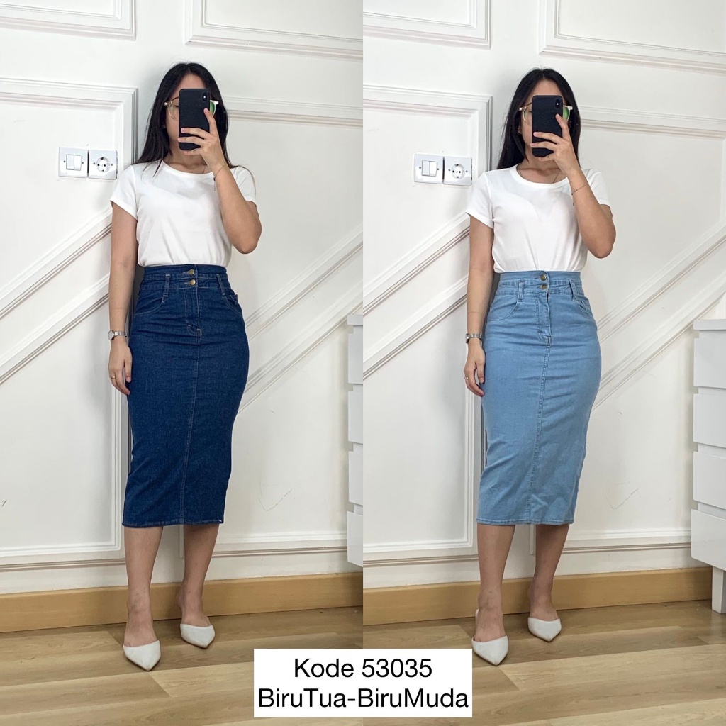 [NEW COLLECTIONS] BEST SELLER 53035 DALLAS SKIRT I SKIRT JEANS TWO BUTTON ROK JEANS WANITA MIDI