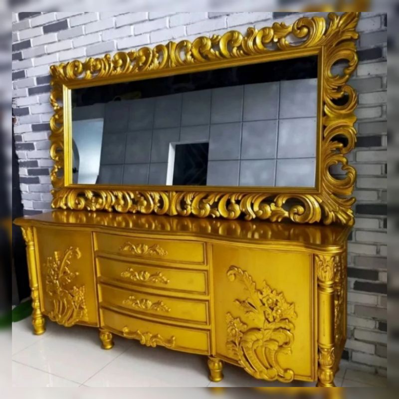 Bufet tv ukiran Kayu jati jepara - Bufet consol kayu jati jepara - Bufet cermin kayu jati finishing 