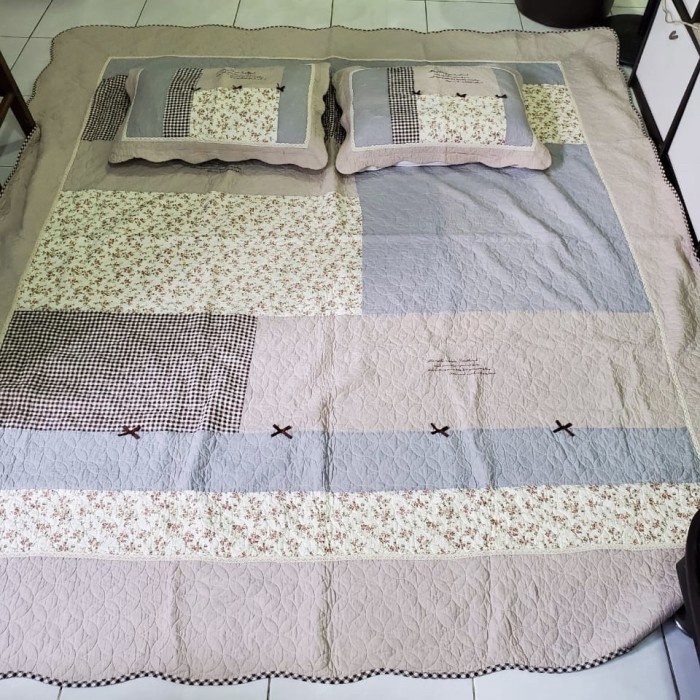 [New] 230X250 Bed Cover Set 3 In 1 Shabby Patchwork Quilt Bunga Rose Mawar Terbatas