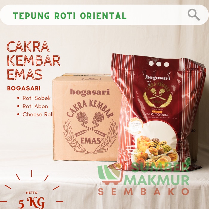 

TEPUNG TERIGU KEMASAN CAKRA KEMBAR EMAS PREMIUM ROTI ORIENTAL 5 KG