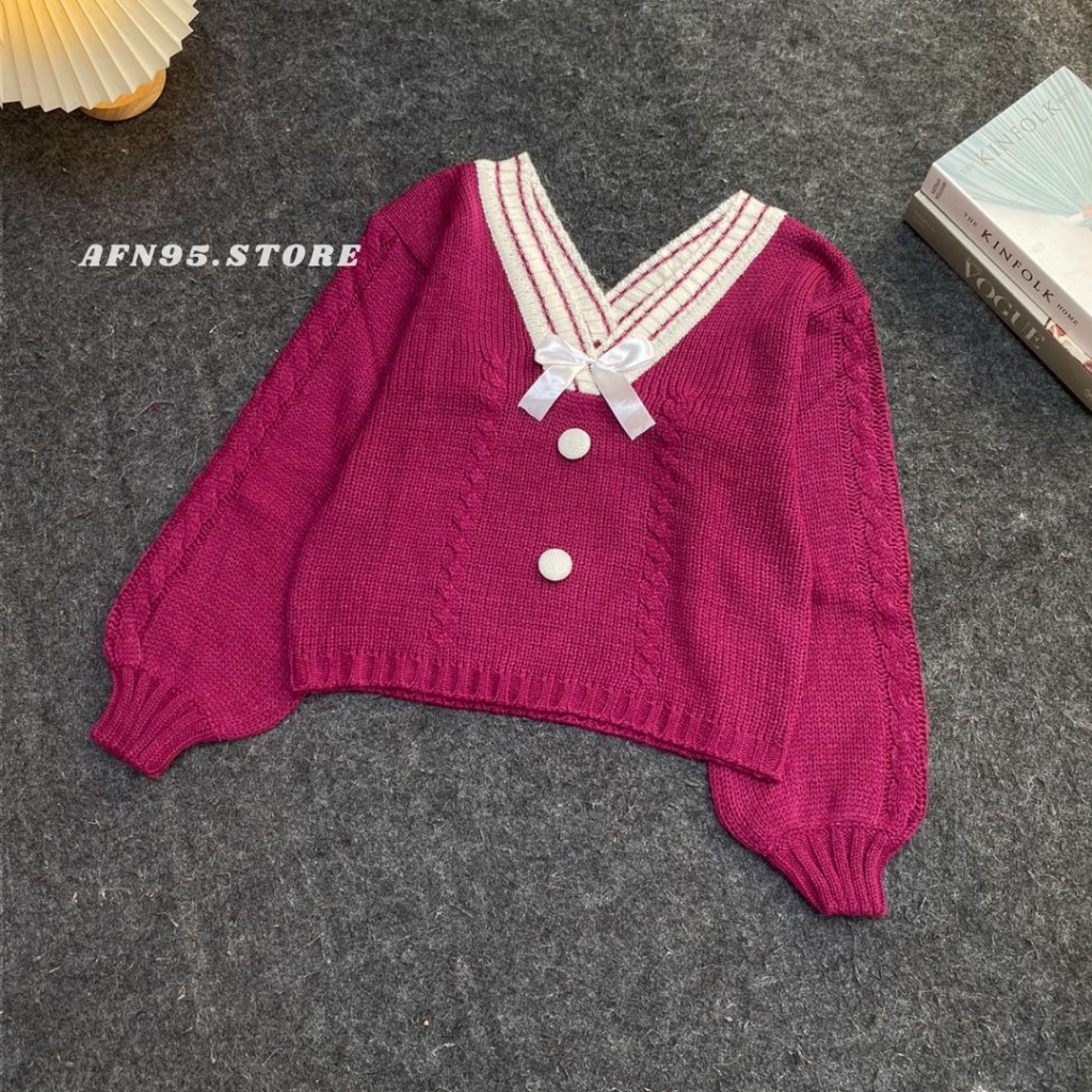 Sweater Rajut Vintage Pita Kerah V Variasi Kancing Tebal