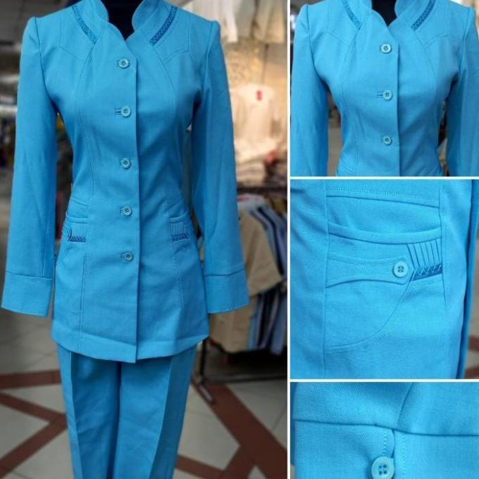 Stelan Blazer Biru Muda Baju Seragam Guru Wanita PAUD