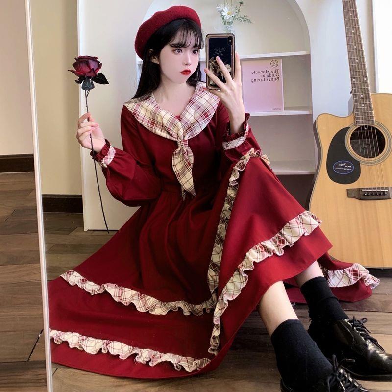 College Style Niche Wine Red Dress Japanese Sweet Girl Vintage Style Large Swing Skirt